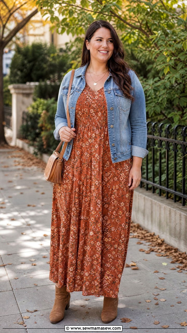 Plus Size Denim Jacket With Maxi Dress - 20 plus size fall fashion outfit ideas