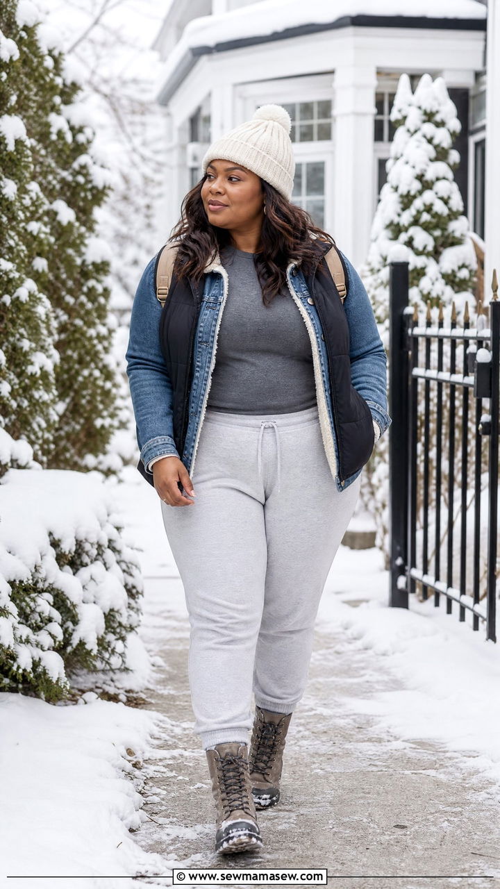 Plus Size Denim Jacket With Snow Boots And Joggers - 20 plus size winter outfit ideas with boots
