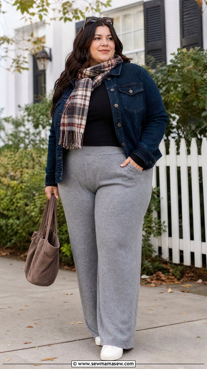 Plus Size Denim Jacket With Sweater Pants - 20 plus size cozy fall outfits