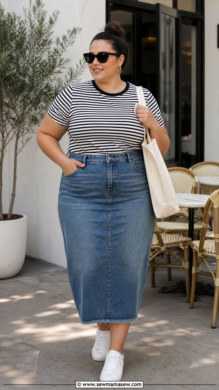 Plus Size Denim Midi Skirt With Striped Tee - 20 plus size denim skirt outfit ideas