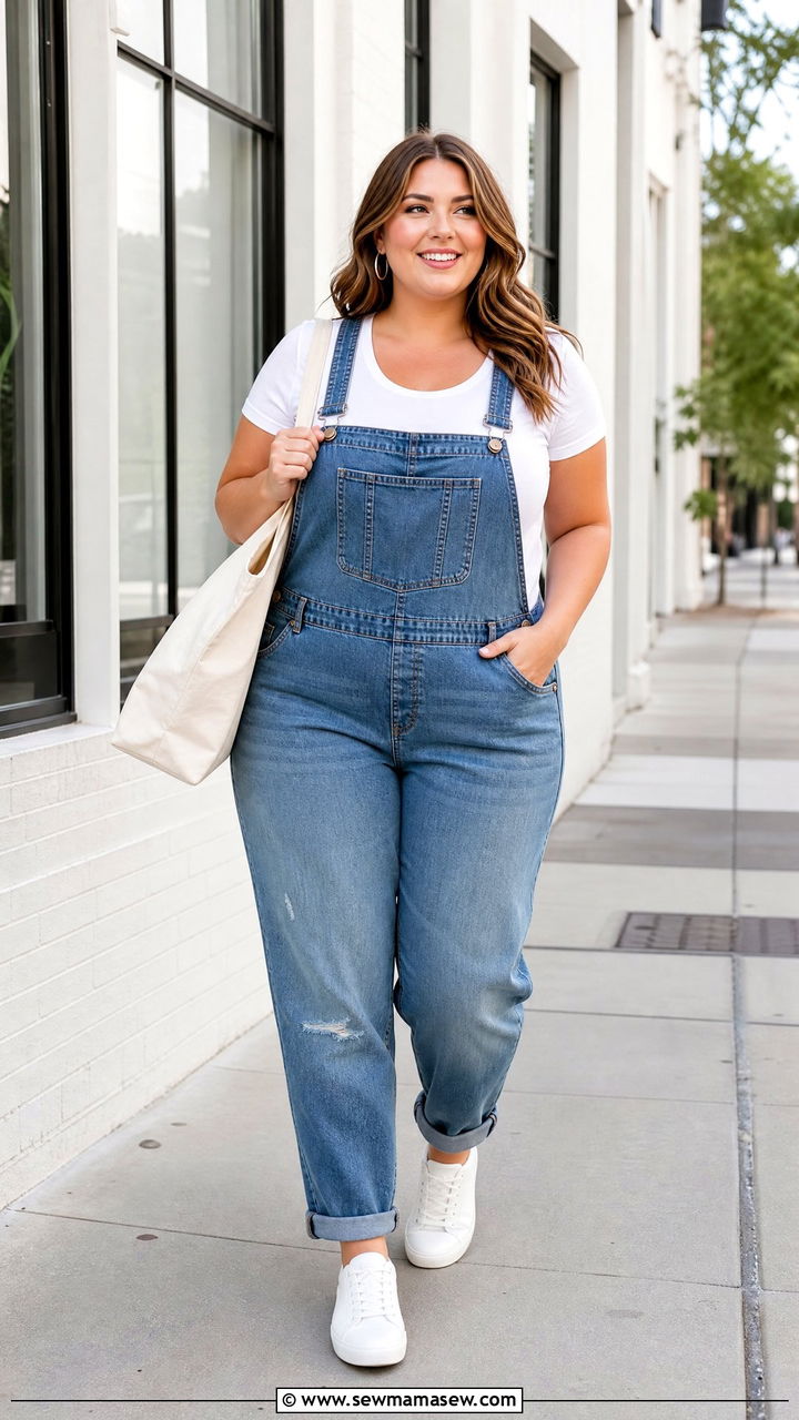 Plus Size Denim Overalls With White T Shirt - 20 plus size overalls outfit ideas