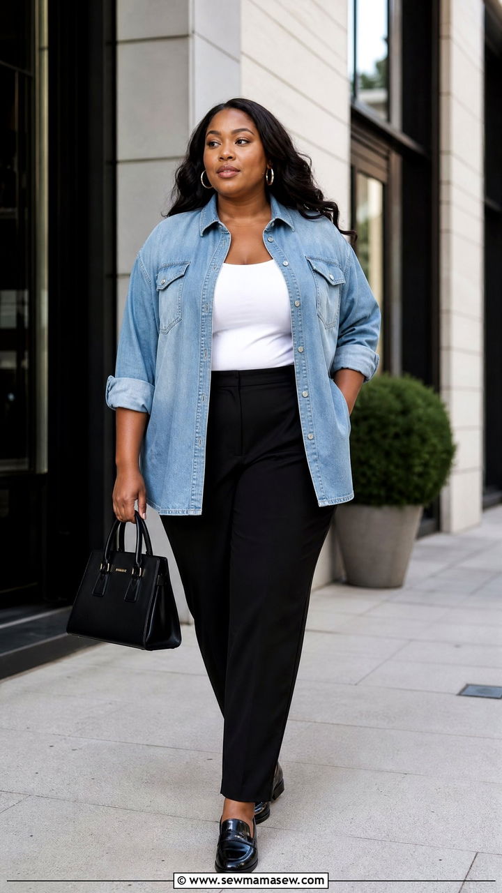 Plus Size Denim Oversized Button Up With Black Pants - 20 plus size oversized button up outfit ideas