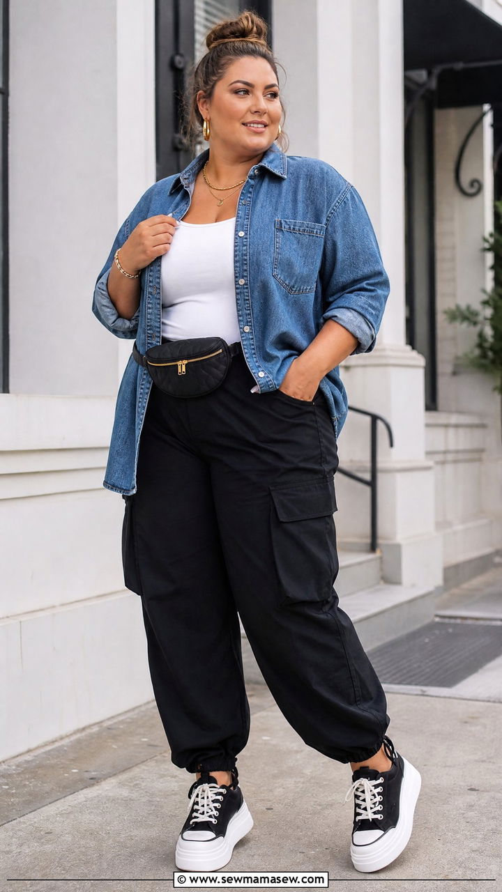 Plus Size Denim Shirt Outfit - 20 plus size streetwear top outfit ideas