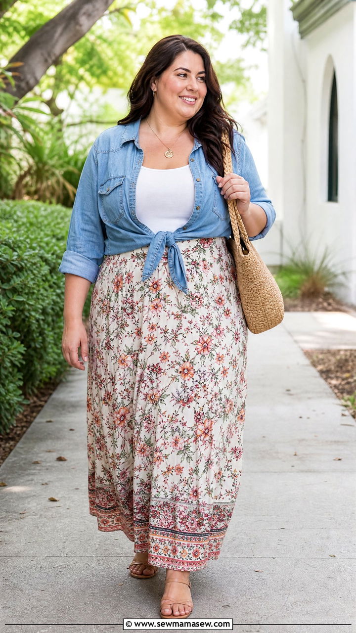 Plus Size Denim Shirt With A Maxi Skirt - 20 plus size denim shirt outfit ideas