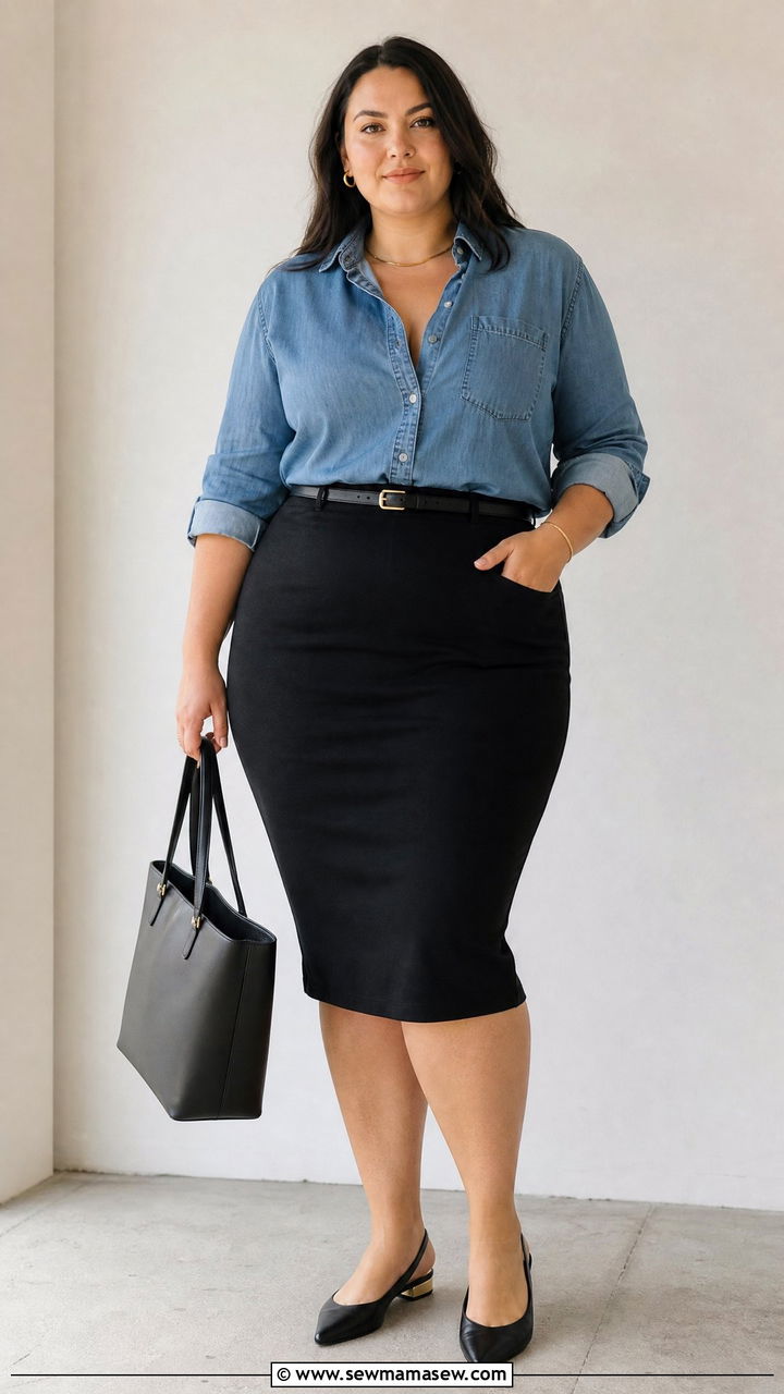 Plus Size Denim Shirt With A Pencil Skirt - 20 plus size denim shirt outfit ideas
