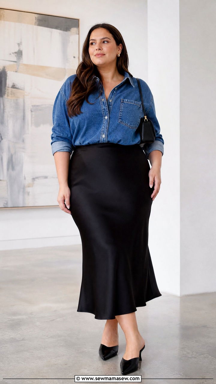 Plus Size Denim Shirt With A Slip Skirt - 20 plus size denim shirt outfit ideas