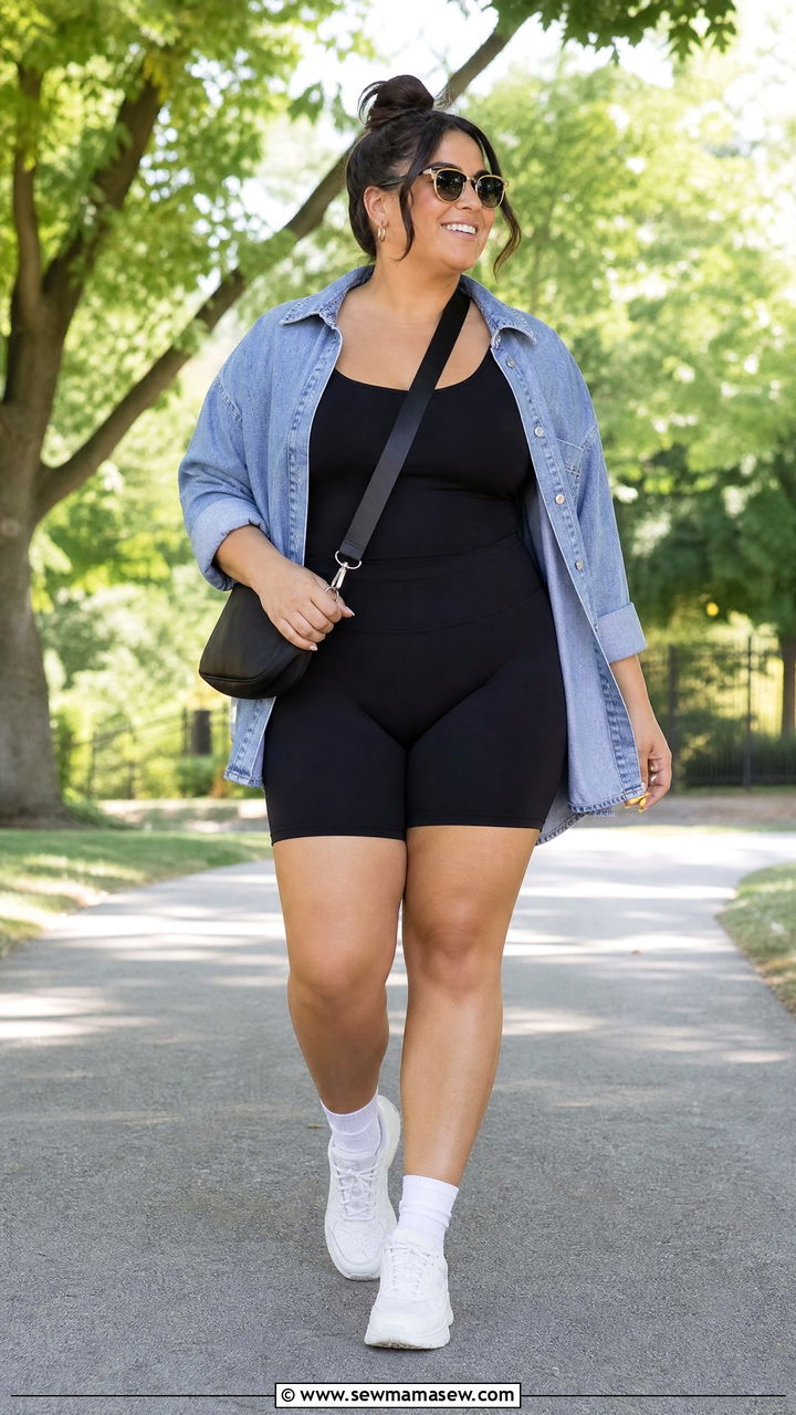 Plus Size Denim Shirt With Bike Shorts - 20 plus size denim shirt outfit ideas