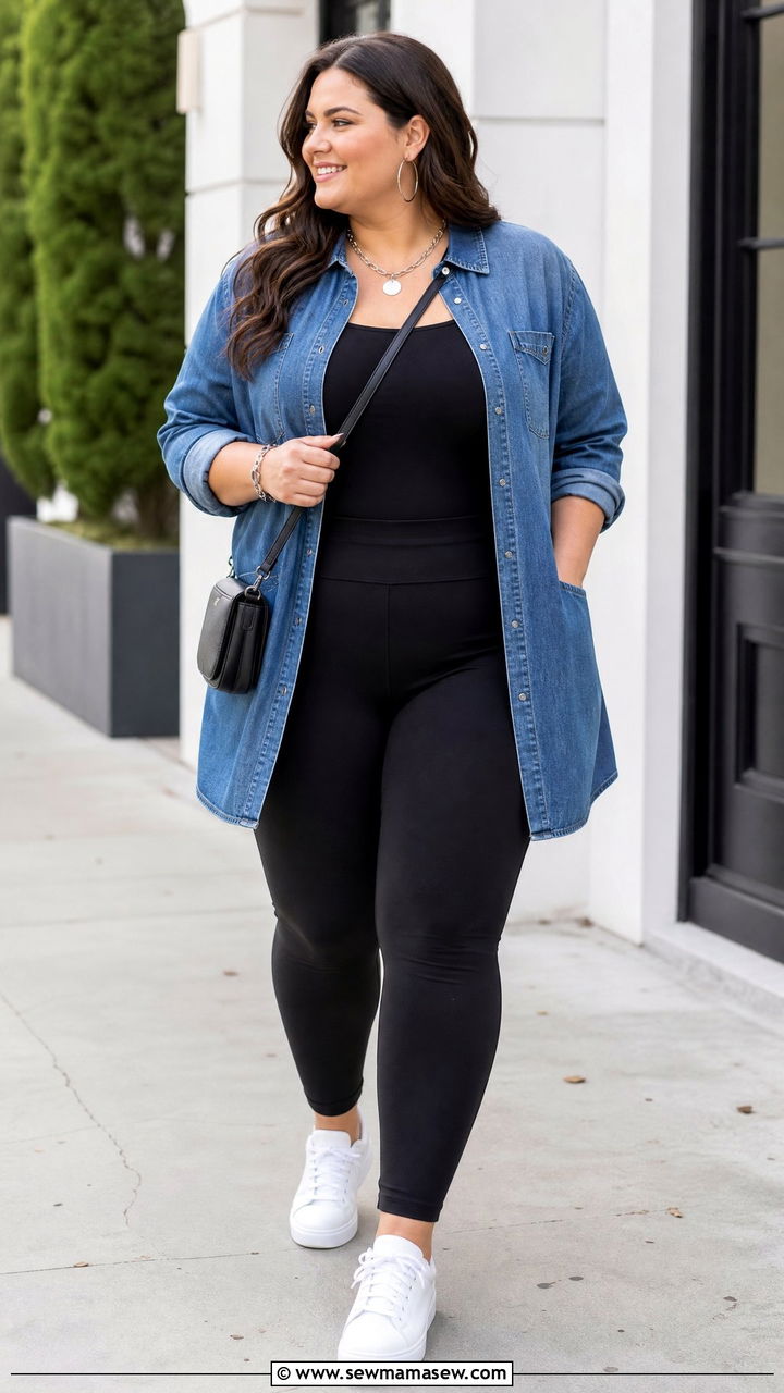 Plus Size Denim Shirt With Black Leggings - 20 plus size off duty top outfit ideas