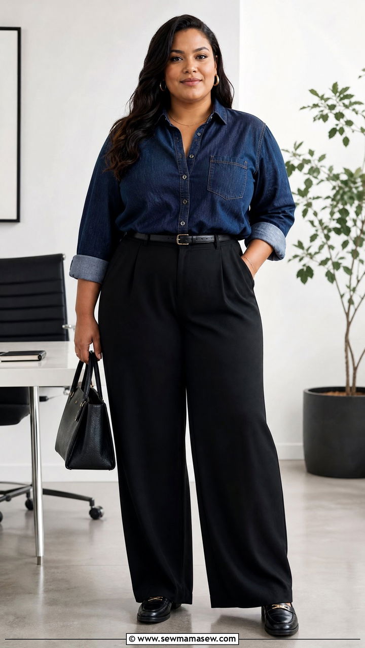 Plus Size Denim Shirt With Black Trousers - 20 plus size denim shirt outfit ideas