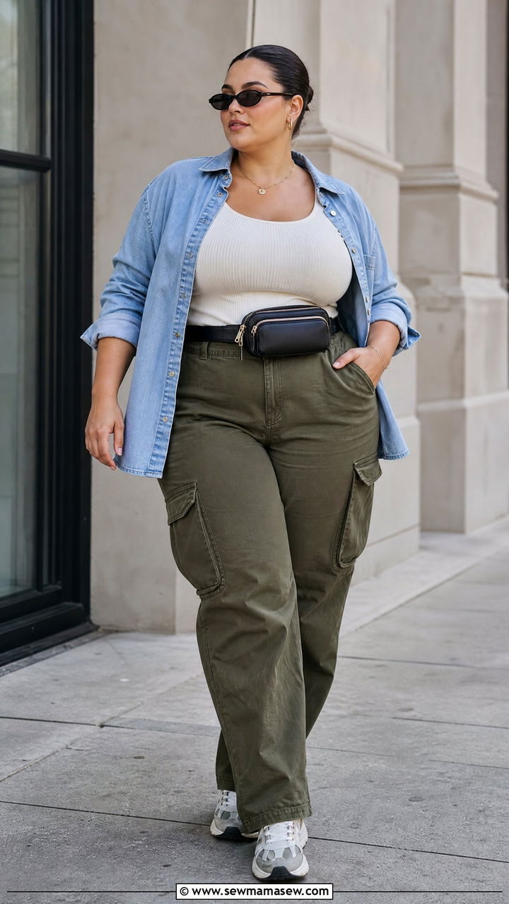Plus Size Denim Shirt With Cargo Pants - 20 plus size denim shirt outfit ideas