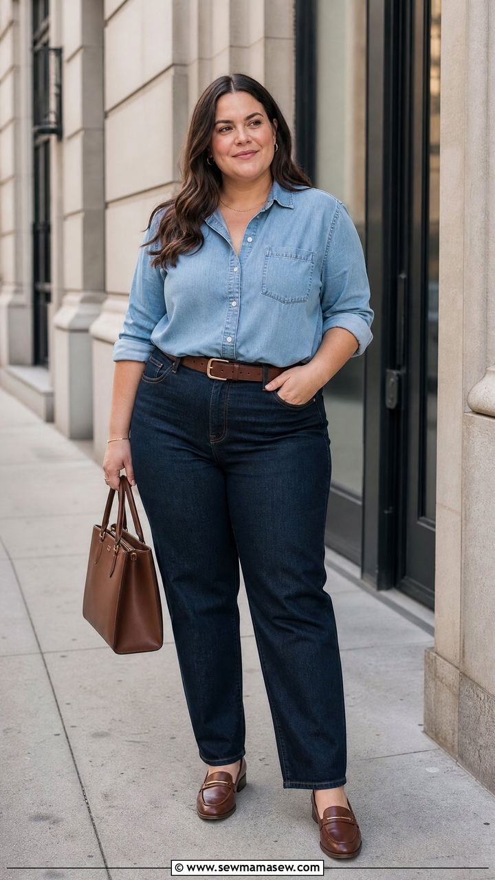 Plus Size Denim Shirt With Straight Leg Jeans - 20 plus size denim shirt outfit ideas
