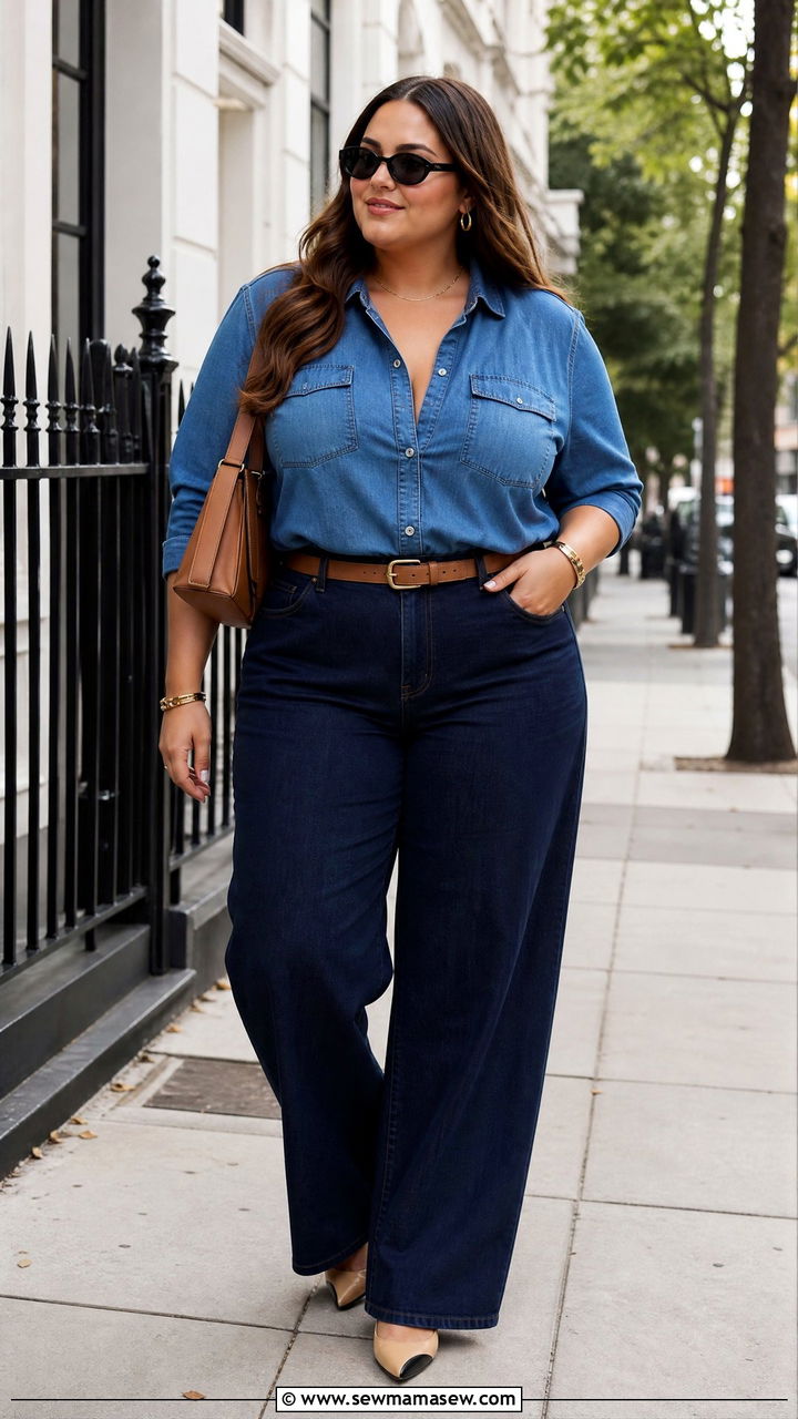 Plus Size Denim Shirt With Wide Leg Jeans - 20 plus size denim shirt outfit ideas