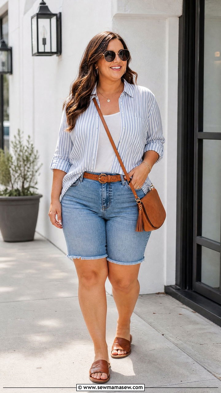 Plus Size Denim Shorts And Button Down Shirt With Sandals - 20 plus size summer outfit ideas with sandals