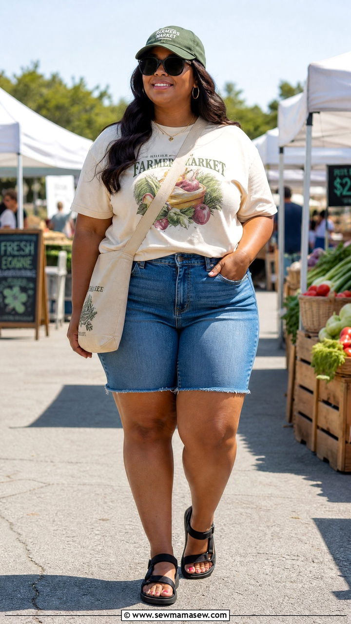 Plus Size Denim Shorts Outfit With Sport Sandals - 20 plus size outfit ideas with sandals