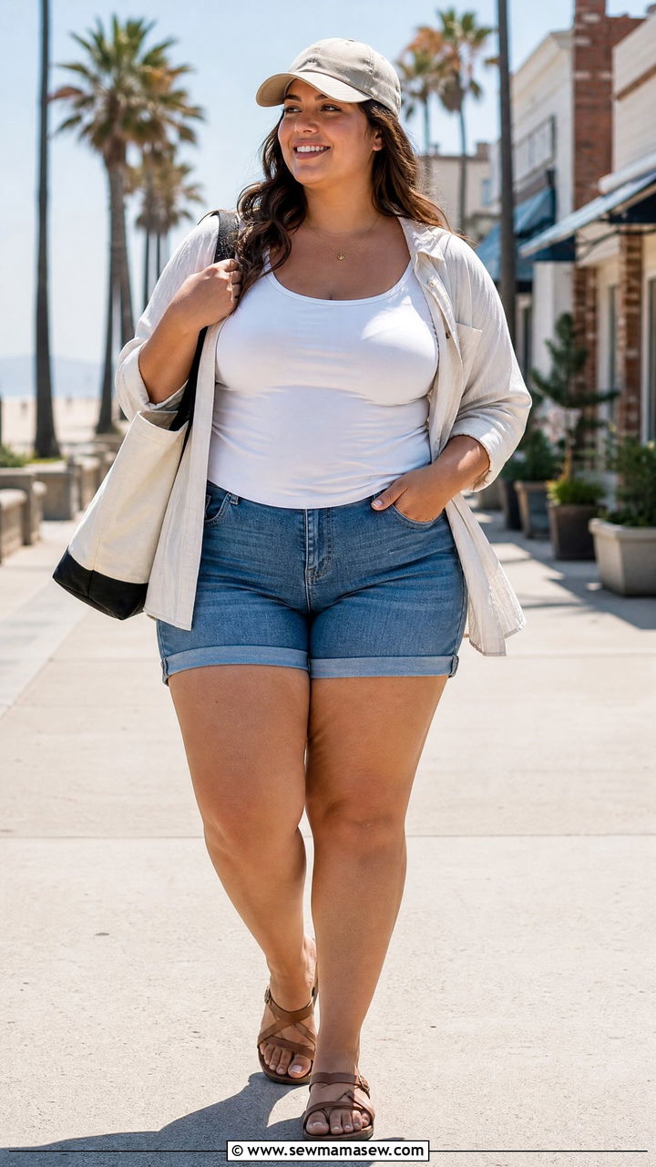 Plus Size Denim Shorts With Swimsuit Top - 20 plus size beach summer outfit ideas