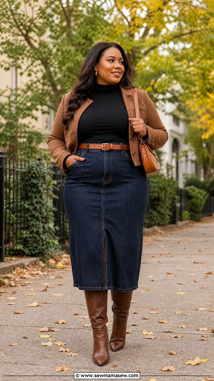 Plus Size Denim Skirt And Boots Outfit - 20 plus size fall outfits