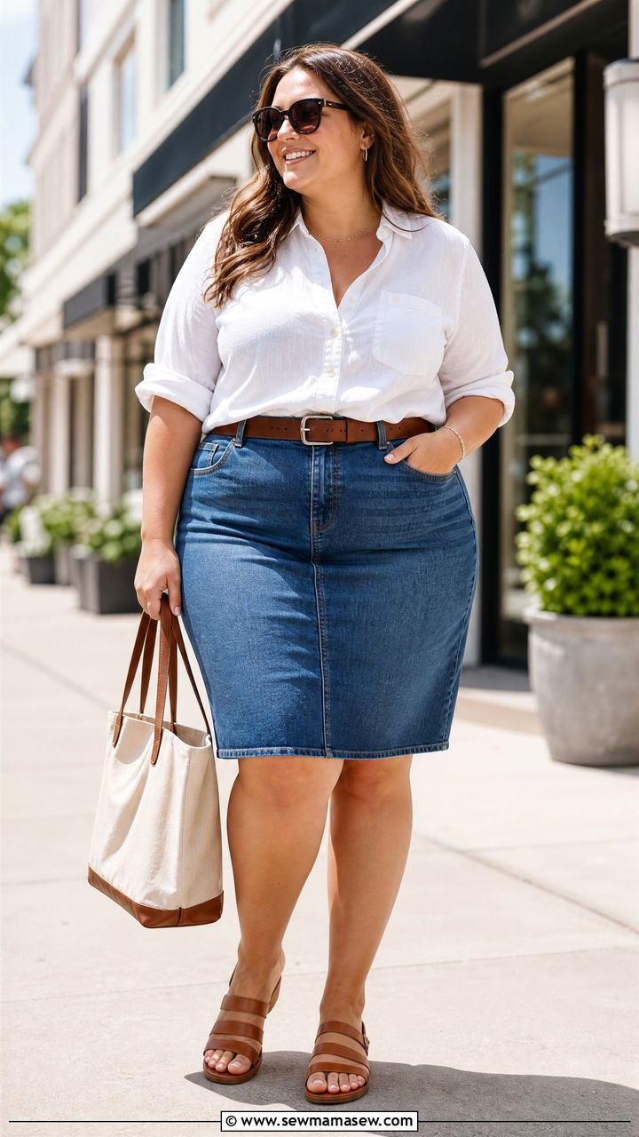 Plus Size Denim Skirt And Button Down Shirt Outfit - 20 plus size summer outfit ideas for women over 40