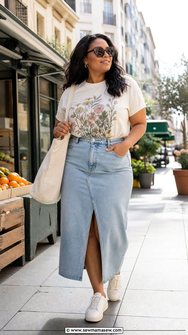 Plus Size Denim Skirt And Graphic Tee Outfit - 20 plus size summer outfit ideas for travel