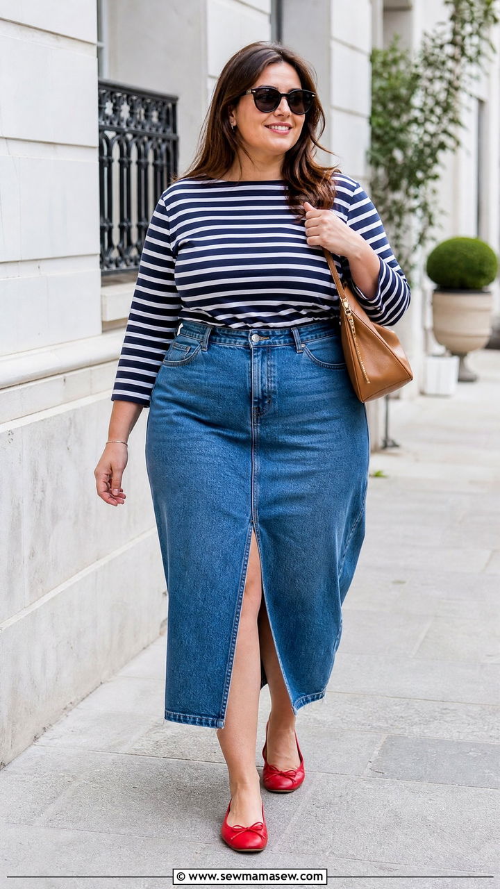 Plus Size Denim Skirt And Striped Top Outfit - 20 plus size spring fashion outfit ideas