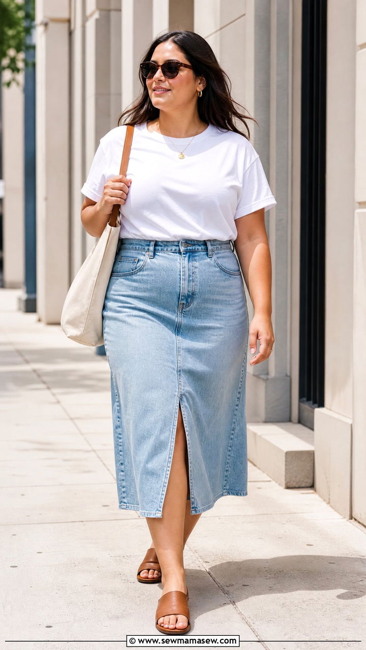Plus Size Denim Skirt And Tee Outfit - 20 plus size summer outfit ideas for hot weather