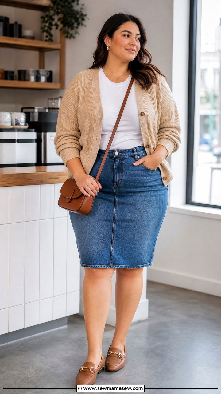 Plus Size Denim Skirt With Cardigan - 20 plus size denim skirt outfit ideas