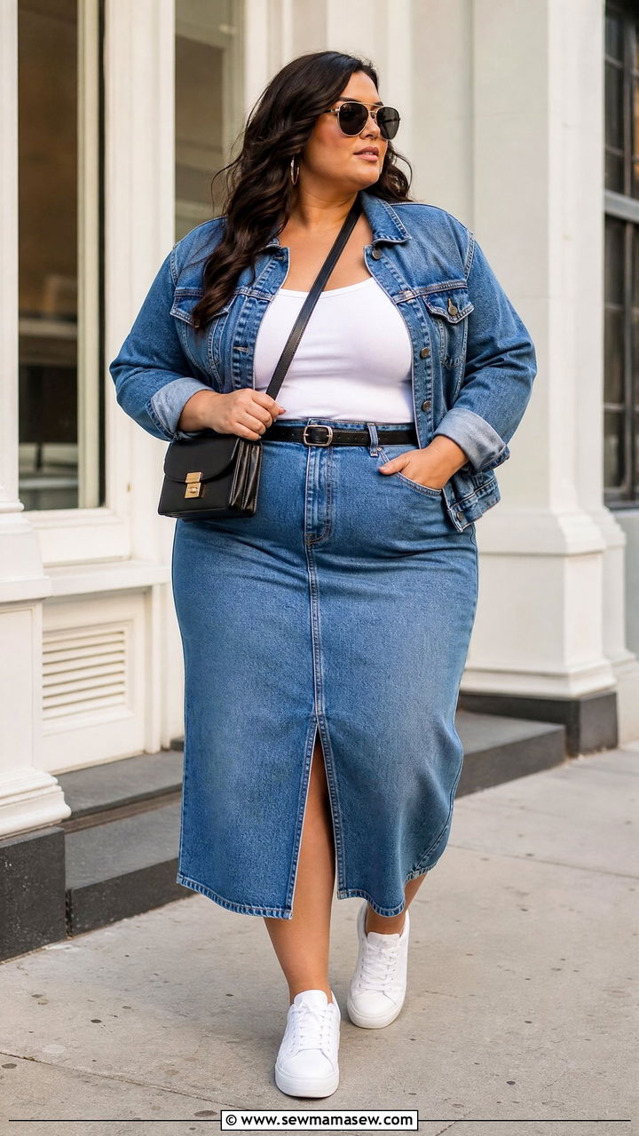 Plus Size Denim Skirt With Denim Jacket - 20 plus size denim skirt outfit ideas