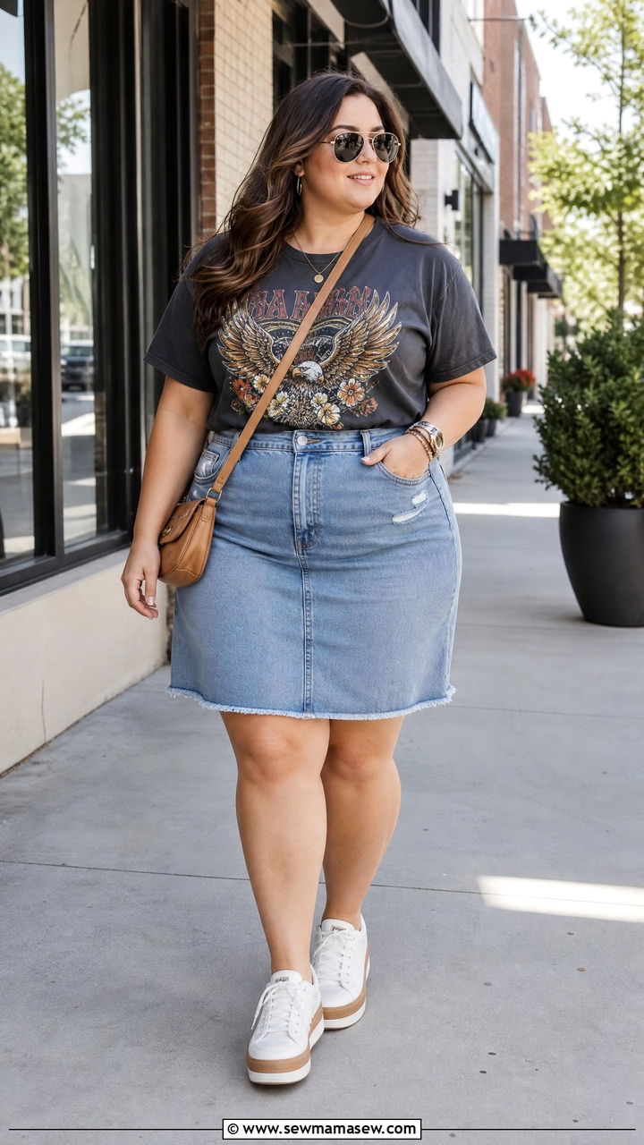 Plus Size Denim Skirt With Graphic Tee - 20 plus size denim skirt outfit ideas