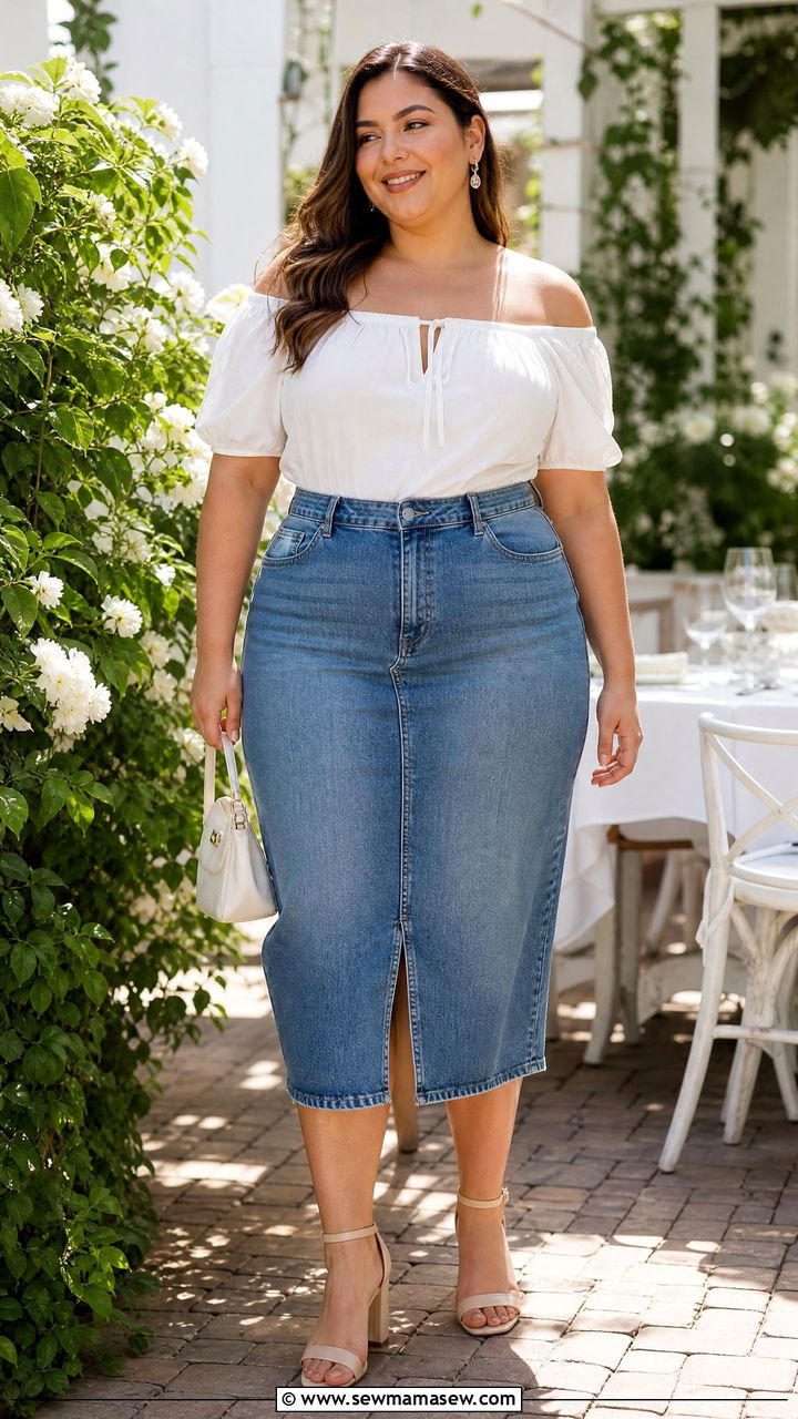 Plus Size Denim Skirt With Off Shoulder Top - 20 plus size denim skirt outfit ideas