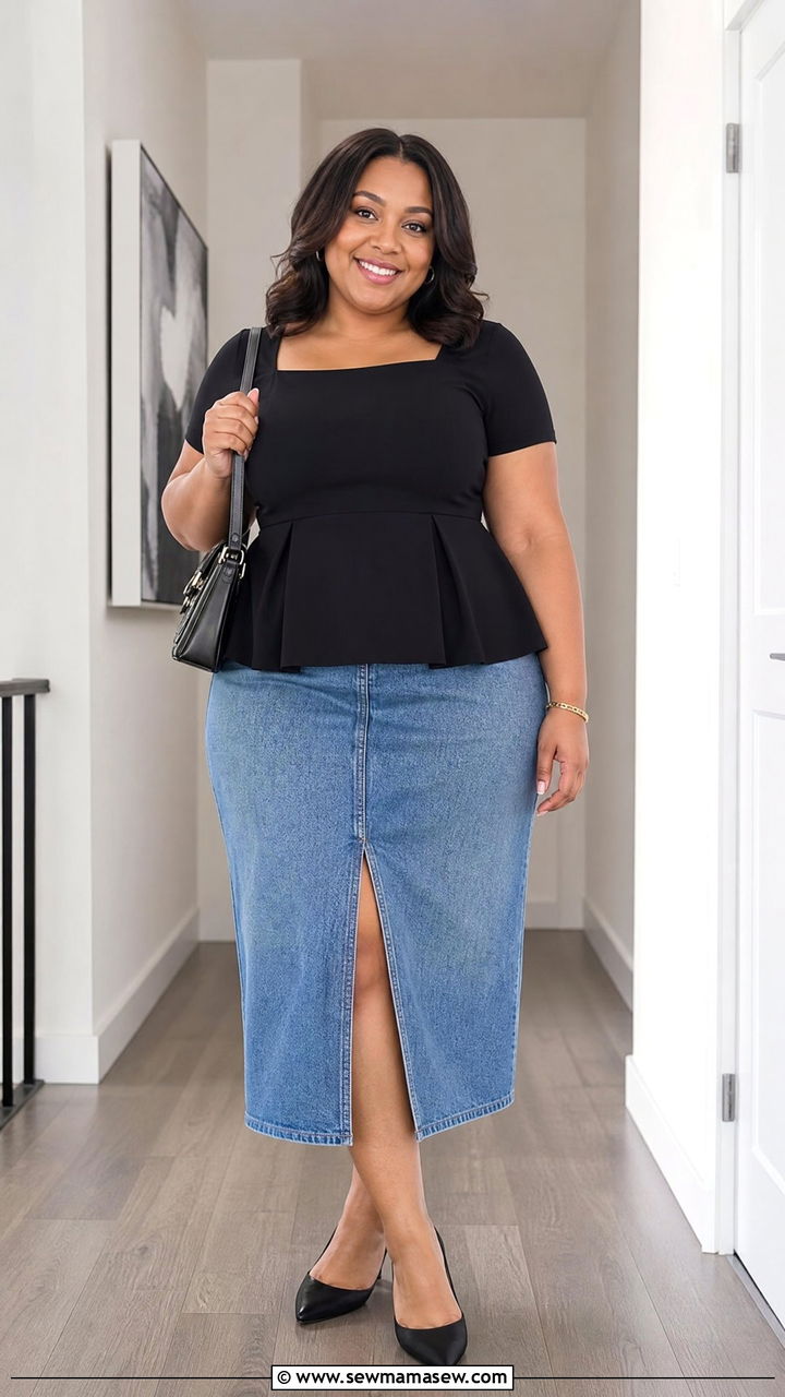 Plus Size Denim Skirt With Peplum Top - 20 plus size denim skirt outfit ideas
