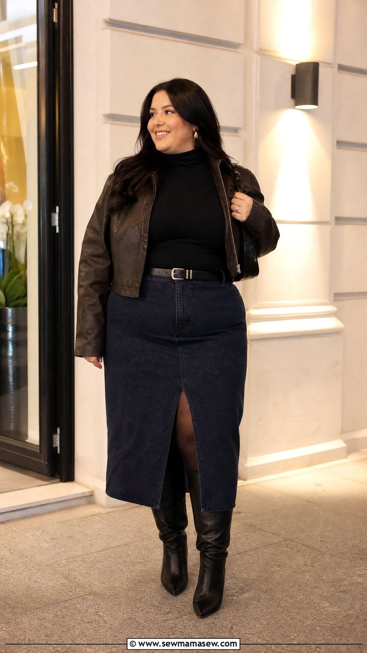 Plus Size Denim Skirt With Tall Boots - 20 plus size winter date night outfit ideas