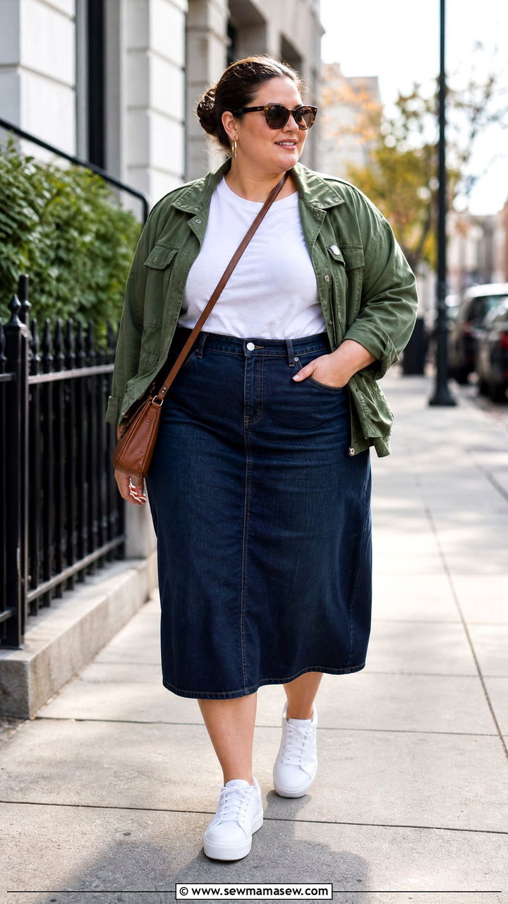 Plus Size Denim Skirt With Utility Jacket - 20 plus size denim skirt outfit ideas