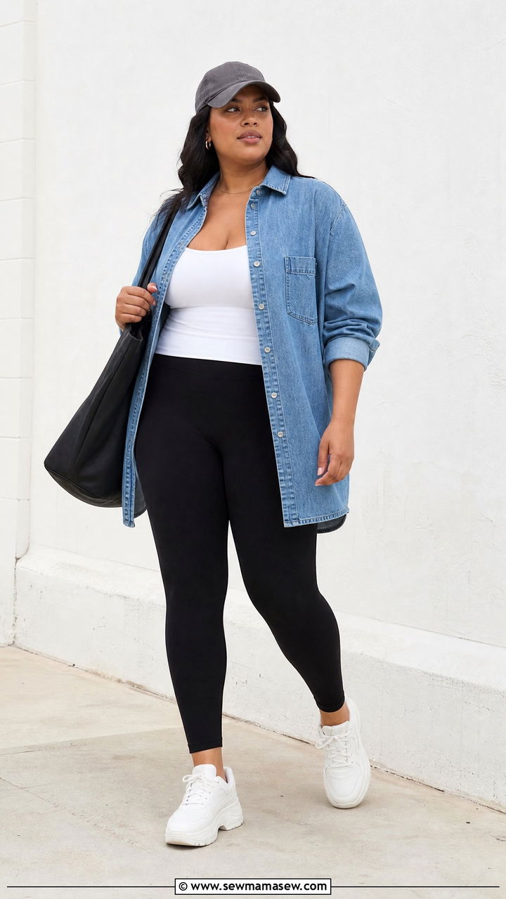 Plus Size Denim Top With Black Leggings - 20 plus size denim top outfit ideas