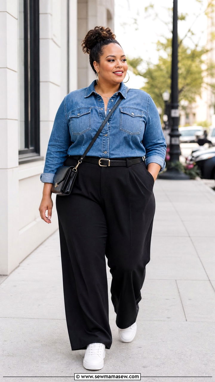 Plus Size Denim Top With Black Wide Leg Pants - 20 plus size denim top outfit ideas