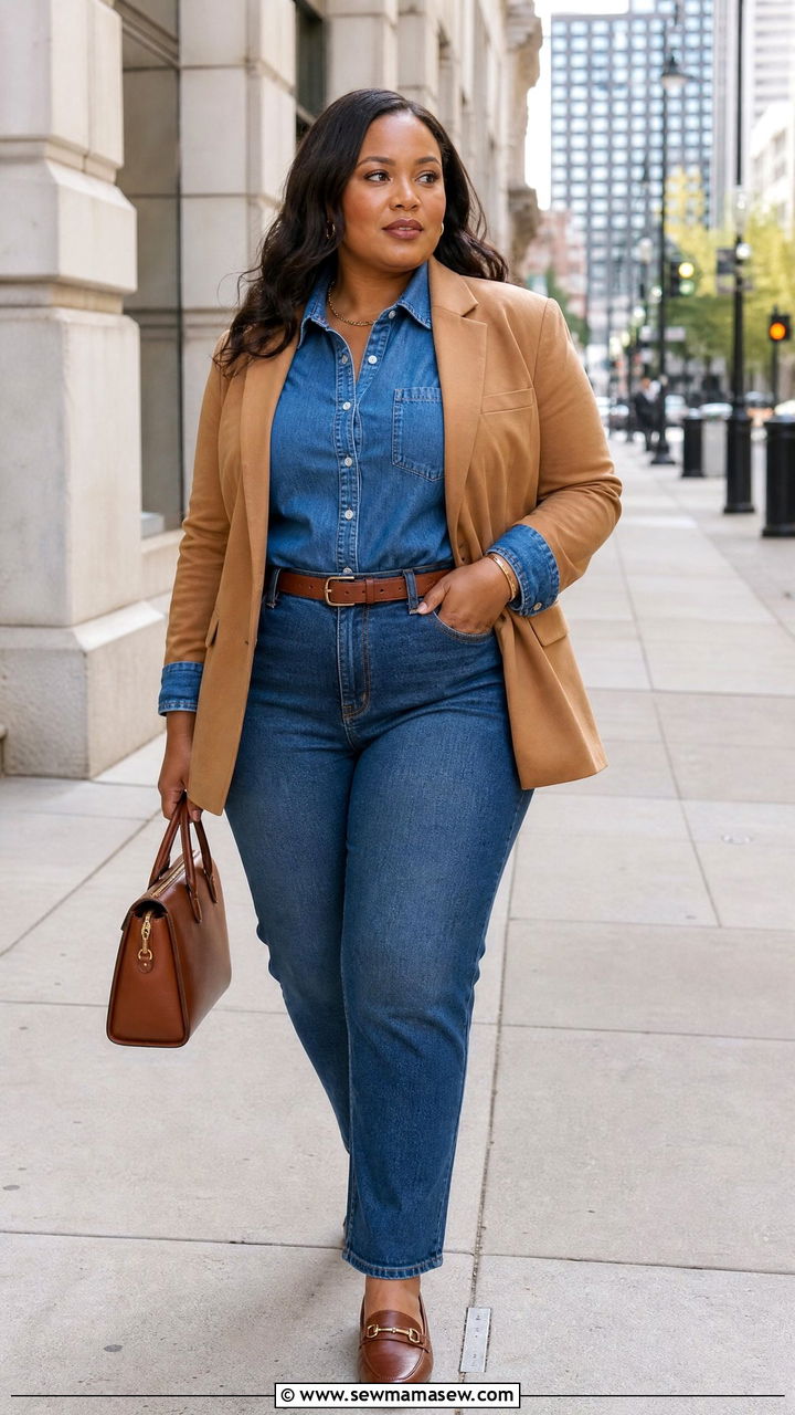 Plus Size Denim Top With Blazer And Jeans - 20 plus size denim top outfit ideas
