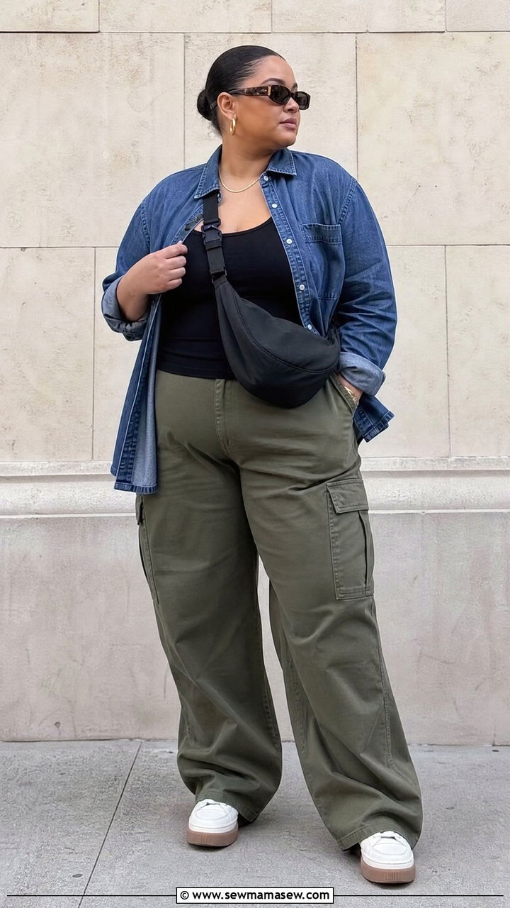 Plus Size Denim Top With Cargo Pants - 20 plus size denim top outfit ideas