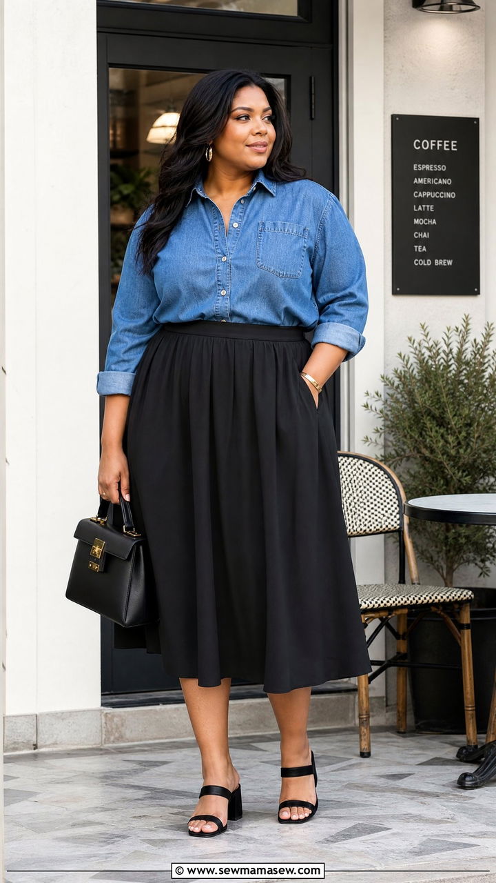Plus Size Denim Top With Midi Skirt - 20 plus size denim top outfit ideas