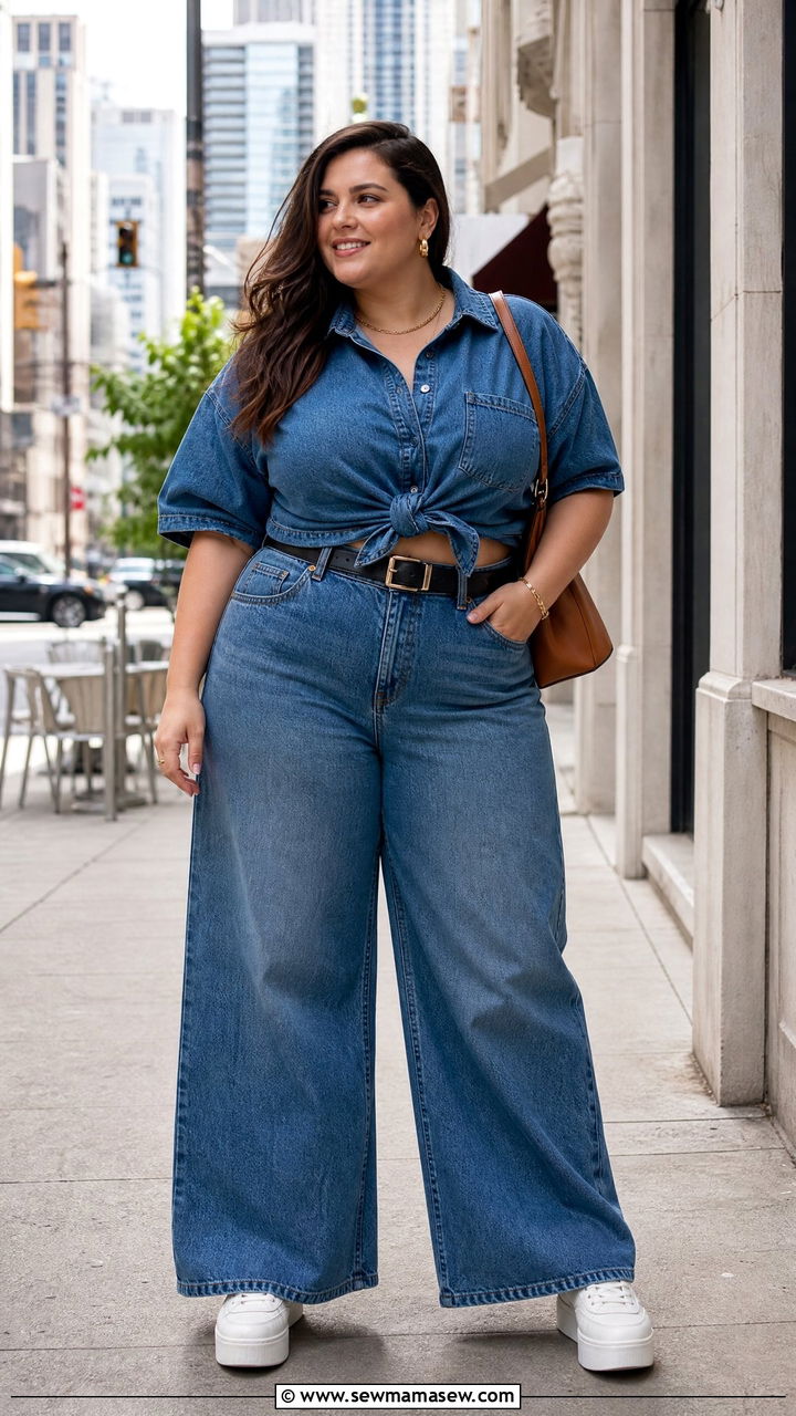 Plus Size Denim Top With Wide Leg Jeans - 20 plus size denim top outfit ideas