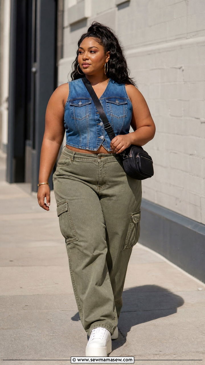 Plus Size Denim Waistcoat Top With Cargo Pants - 20 plus size waistcoat top outfit ideas