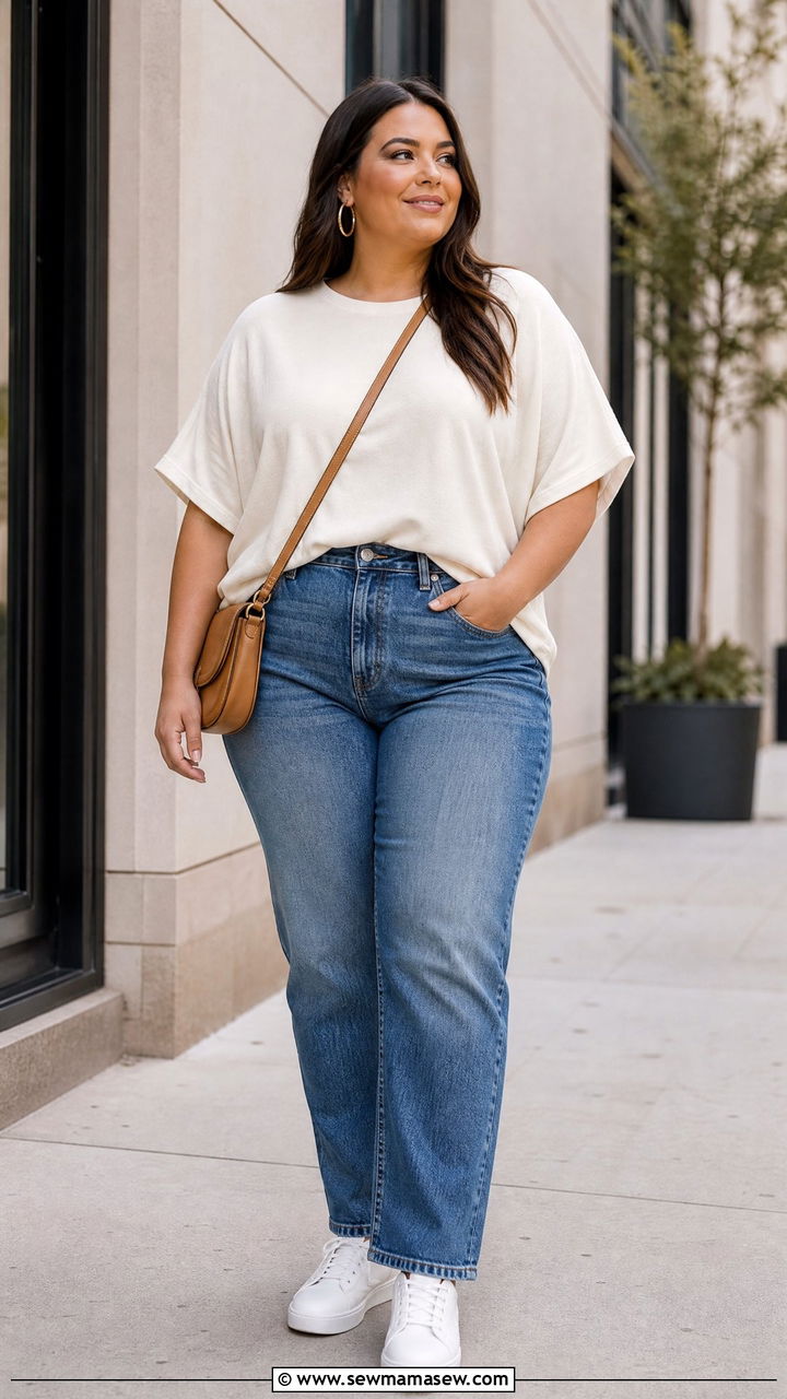 Plus Size Dolman Sleeve Top With Straight Leg Jeans - 20 plus size dolman sleeve top outfit ideas