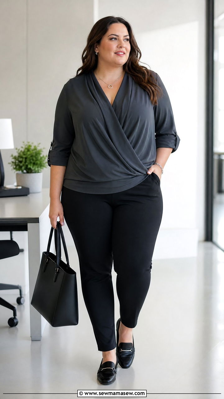 Plus Size Draped Front Top With Ponte Pants - 20 plus size tops to hide belly outfit ideas