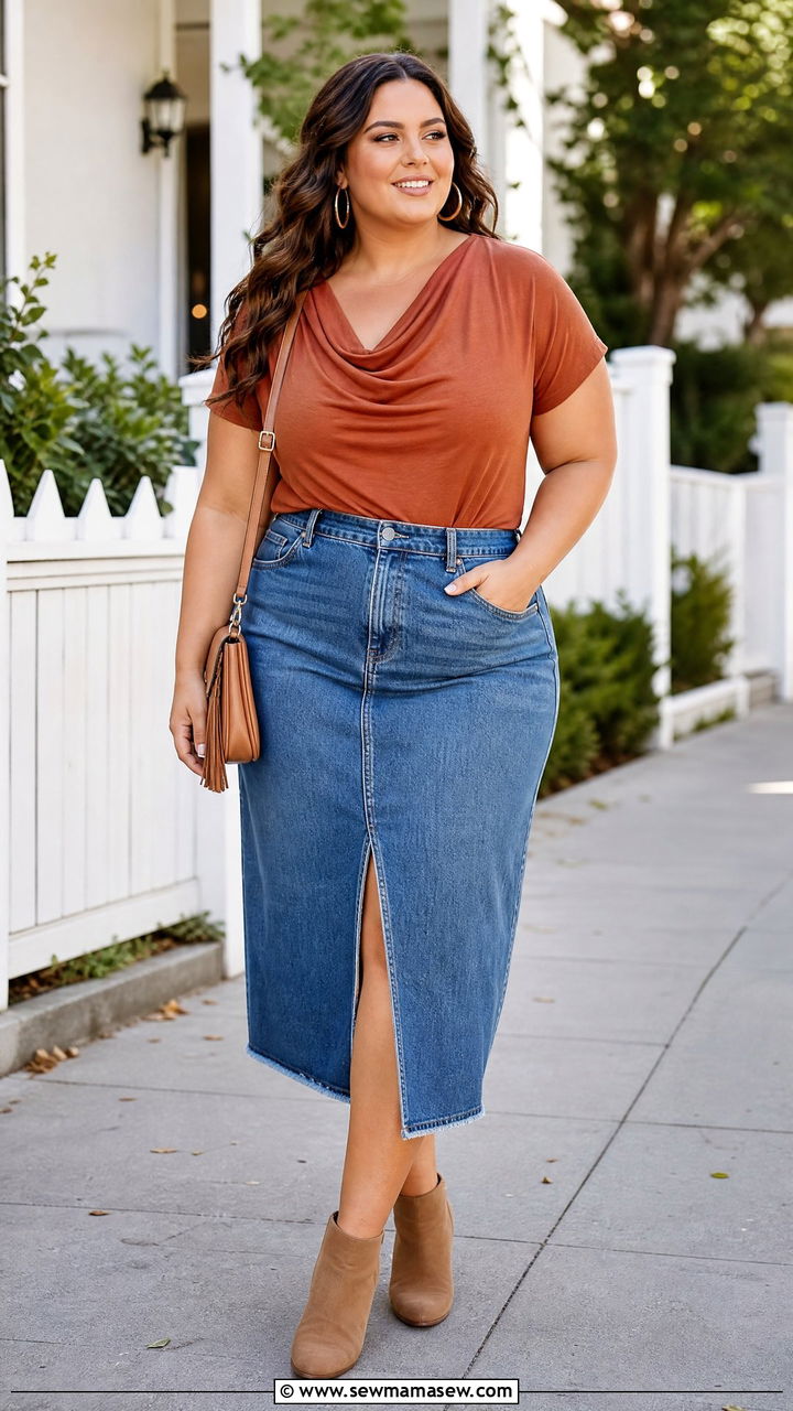 Plus Size Draped Top With A Denim Skirt - 20 plus size draped top outfit ideas