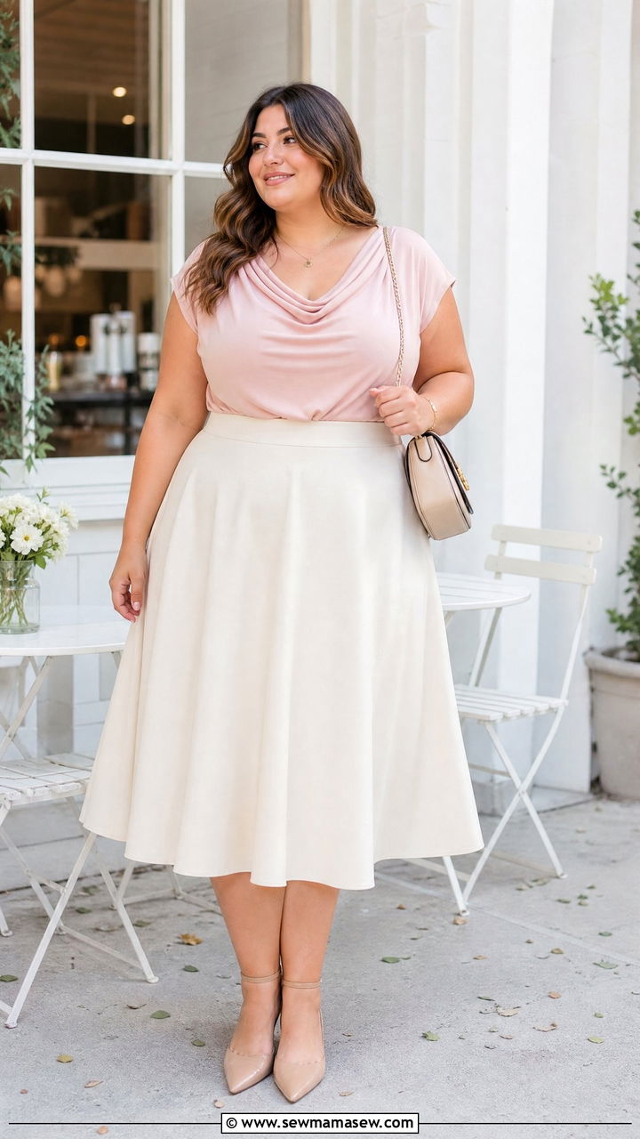 Plus Size Draped Top With A Midi Skirt - 20 plus size draped top outfit ideas