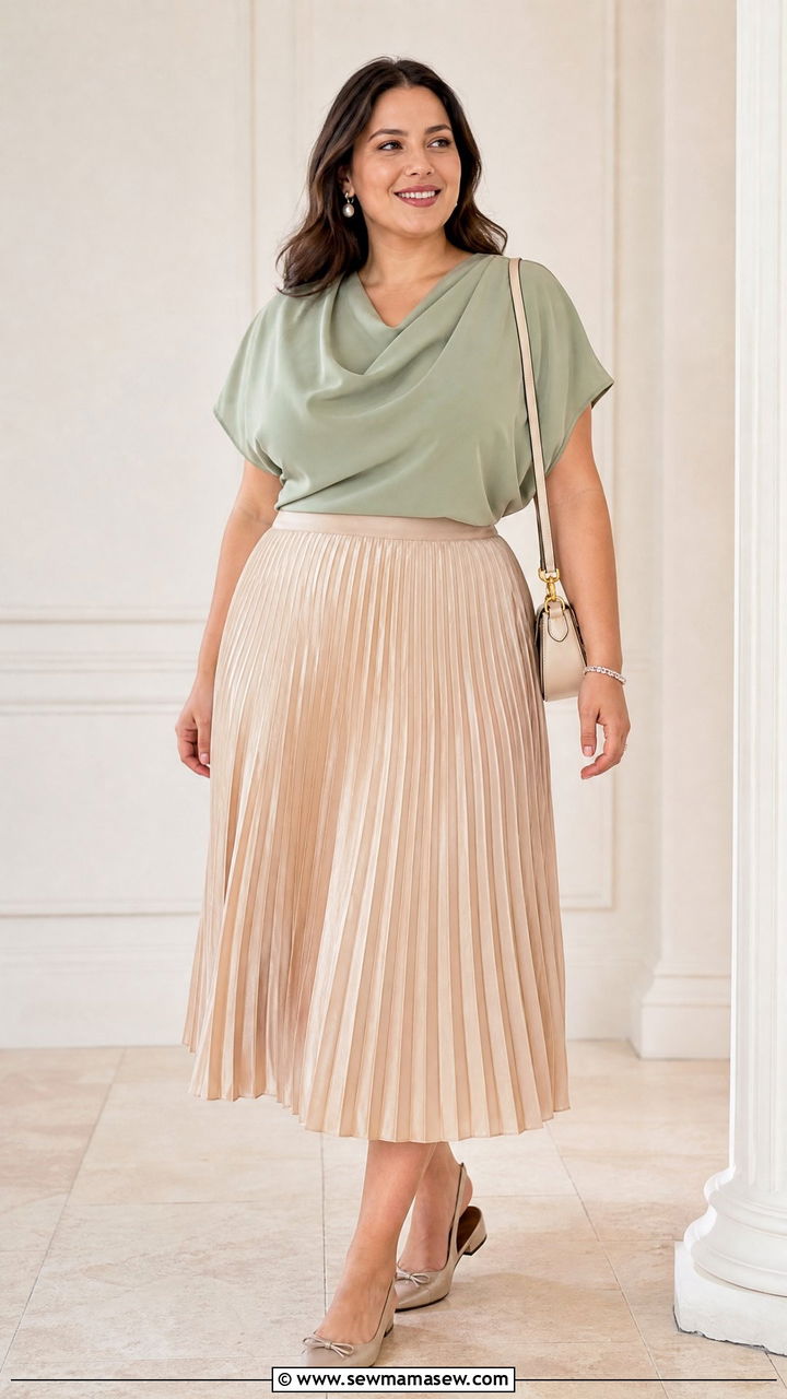 Plus Size Draped Top With A Pleated Skirt - 20 plus size draped top outfit ideas
