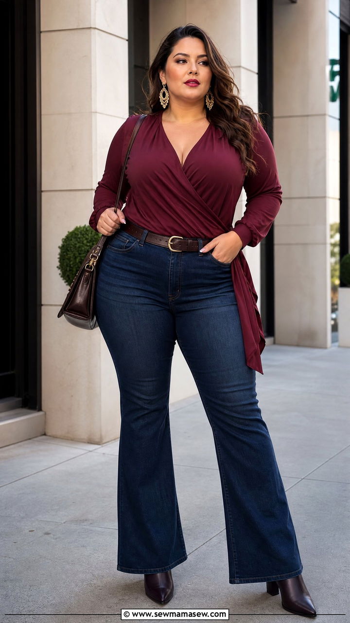 Plus Size Draped Top With Flare Jeans - 20 plus size draped top outfit ideas