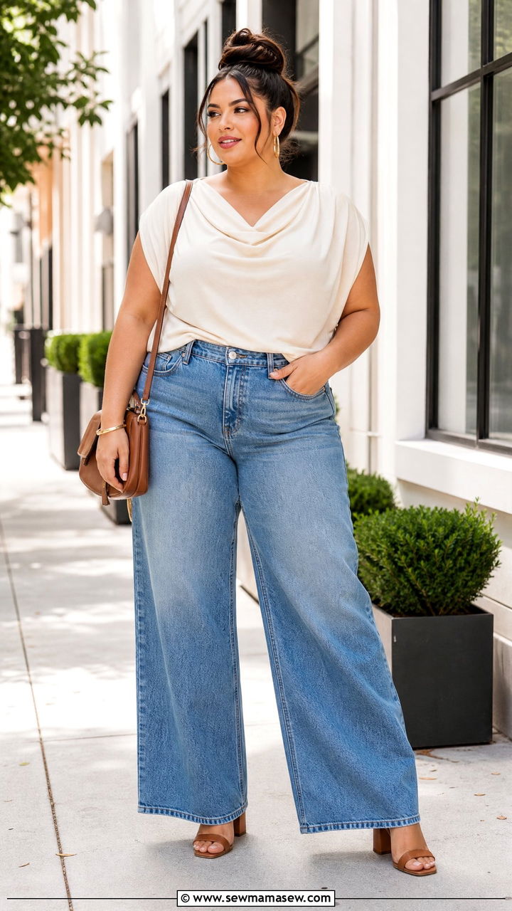 Plus Size Draped Top With Wide Leg Jeans - 20 plus size draped top outfit ideas
