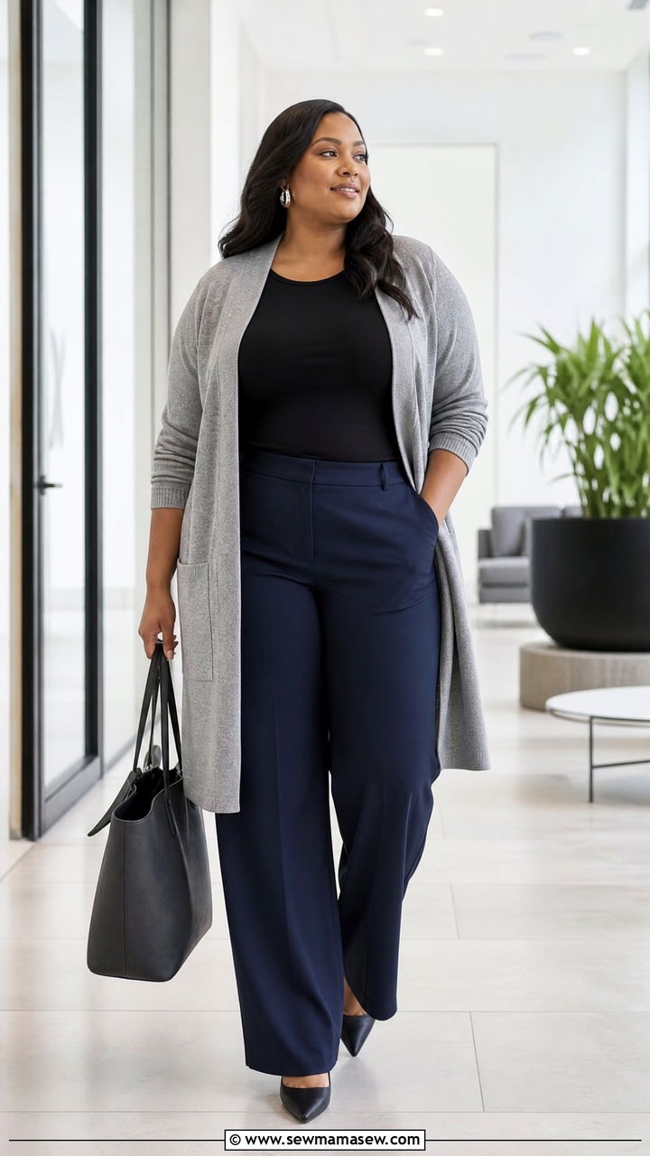 Plus Size Duster Cardigan And Dress Pants Outfit - 20 plus size outfits for work moms