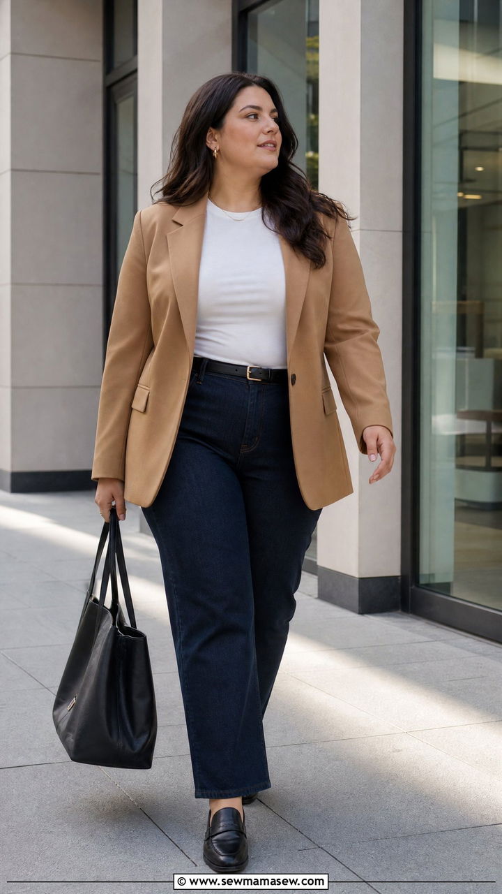 Plus Size Elevated Tee With Blazer And Jeans - 20 plus size work top outfit ideas