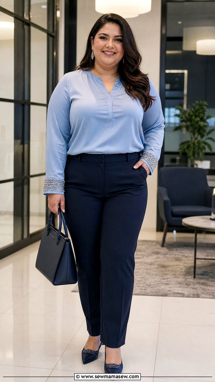 Plus Size Embellished Blouse With Tailored Trousers - 20 plus size embellished top outfit ideas
