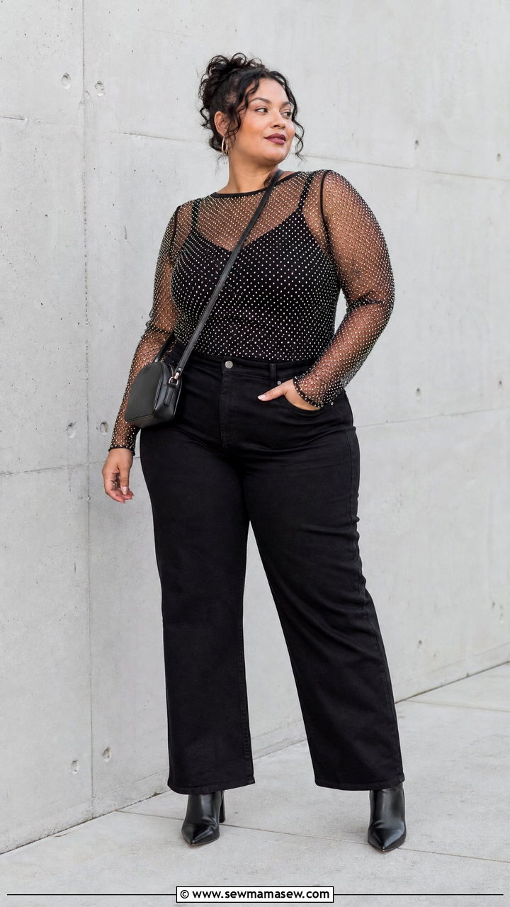 Plus Size Embellished Mesh Top With Black Jeans - 20 plus size embellished top outfit ideas
