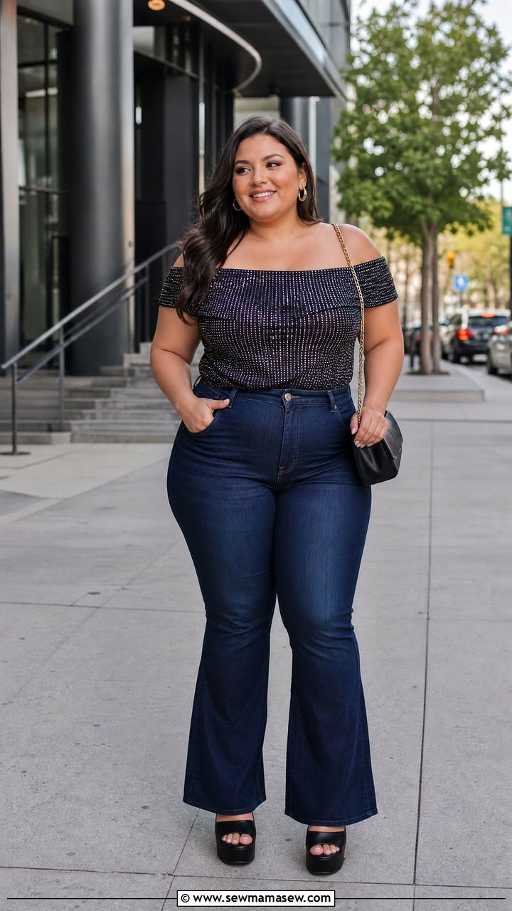 Plus Size Embellished Off Shoulder Top With Flare Jeans - 20 plus size embellished top outfit ideas